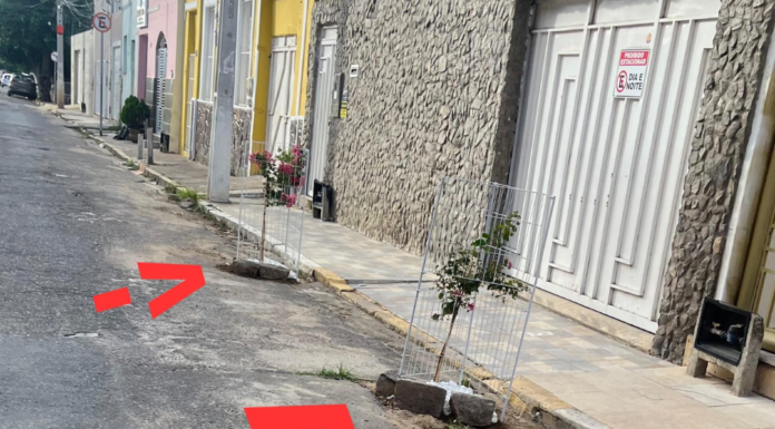 Morador da Rua Visconde do Rio Branco, em Juazeiro, chama atenção para a ocupação irregular do espaço público: “Árvores e estruturas montadas no meio da rua”