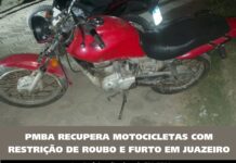 PM recupera duas motocicletas com restrição de roubo/furto no bairro Palmares, em Juazeiro