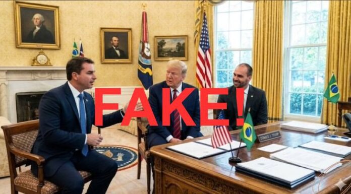 Fake: Foto de Flávio Bolsonaro, Trump e Eduardo Bolsonaro sentados no Salão Oval da Casa Branca é IA