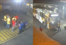 Imagens mostram pessoas aplicando adesivos partidários em ônibus nas garagens em Salvador