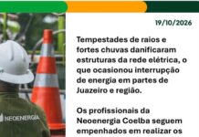 Após relatos de falta de energia em Juazeiro, Coelba afirma que chuvas e raios danificaram rede elétrica